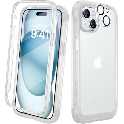 Diaclara Designed for iPhone 15 Plus Case 6.7 Inch, Full Body Rugged Case with Built-in Touch Sensitive Anti-Scratch Screen Protector + Glass Camera Lens Protector for iPhone 15 Plus,Frosted clear - 1