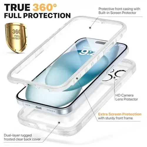 Diaclara Designed for iPhone 15 Plus Case 6.7 Inch, Full Body Rugged Case with Built-in Touch Sensitive Anti-Scratch Screen Protector + Glass Camera Lens Protector for iPhone 15 Plus,Frosted clear - DIACLARA (1)