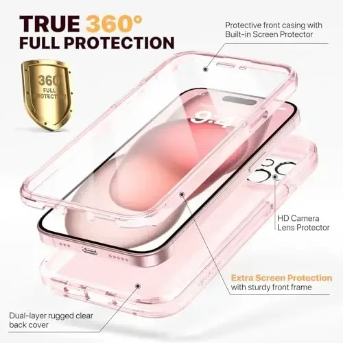 Diaclara Designed for iPhone 15 Plus Case 6.7 Inch, Full Body Rugged Case with Built-in Touch Sensitive Anti-Scratch Screen Protector + Glass Camera Lens Protector for iPhone 15 Plus,Clear Pink - DIACLARA (1)