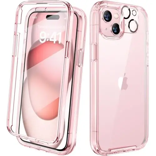 Diaclara Designed for iPhone 15 Plus Case 6.7 Inch, Full Body Rugged Case with Built-in Touch Sensitive Anti-Scratch Screen Protector + Glass Camera Lens Protector for iPhone 15 Plus,Clear Pink - 1