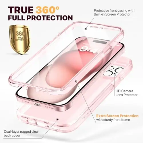 Diaclara Designed for iPhone 15 Plus Case 6.7 Inch, Full Body Rugged Case with Built-in Touch Sensitive Anti-Scratch Screen Protector + Glass Camera Lens Protector for iPhone 15 Plus,Clear Pink - 2