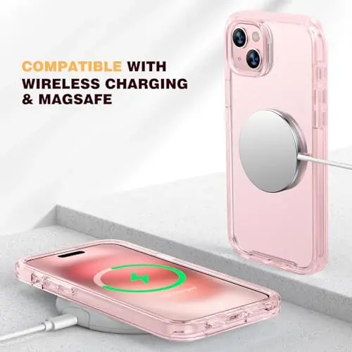 Diaclara Designed for iPhone 15 Plus Case 6.7 Inch, Full Body Rugged Case with Built-in Touch Sensitive Anti-Scratch Screen Protector + Glass Camera Lens Protector for iPhone 15 Plus,Clear Pink - 4