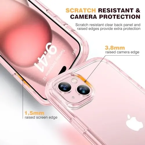 Diaclara Designed for iPhone 15 Plus Case 6.7 Inch, Full Body Rugged Case with Built-in Touch Sensitive Anti-Scratch Screen Protector + Glass Camera Lens Protector for iPhone 15 Plus,Clear Pink - 5