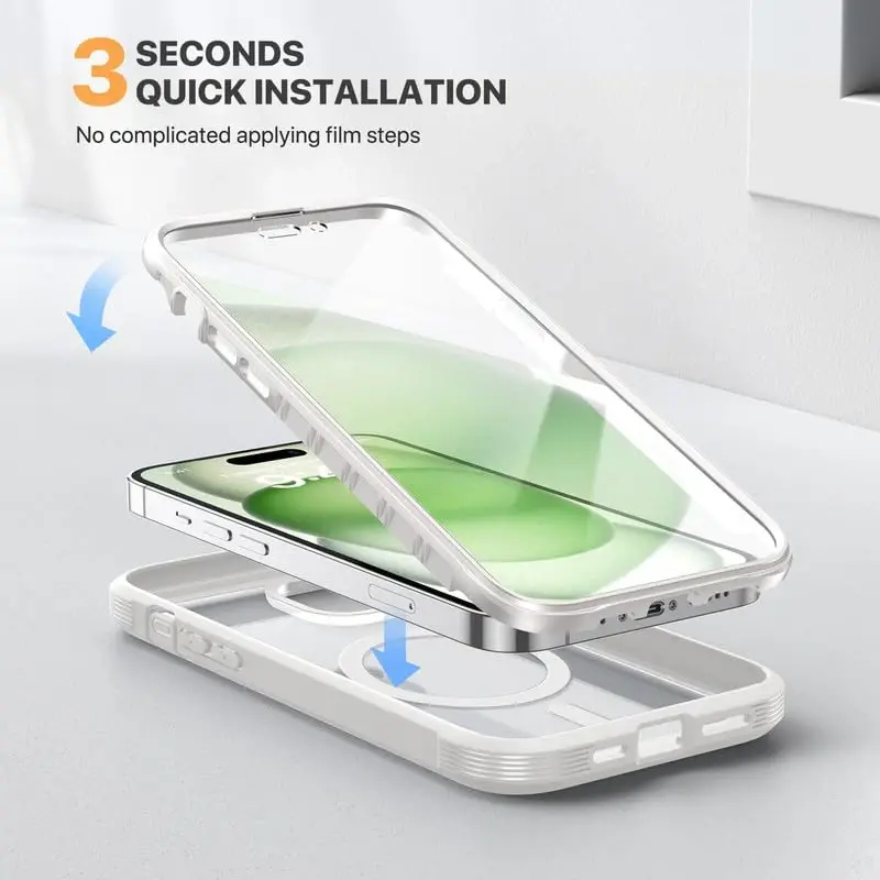 Diaclara Designed for iPhone 15 Plus Phone Case 6.7'', [Compatible with MagSafe] Full Body Case w/Built-in Screen Protector,White-Magnetic - 5