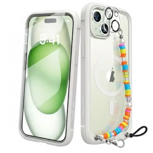 Diaclara Designed for iPhone 15 Plus Phone Case 6.7'', [Compatible with MagSafe] Full Body Case w/Built-in Screen Protector,White-Magnetic 