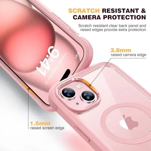 Diaclara Designed for iPhone 15 Plus Case 6.7'', [Compatible with MagSafe] Full Body Rugged Magnetic Case w/Built-in Sensitive Anti-Scratch Screen Protector+Glass Camera Lens Protector,Coral Pink - 4