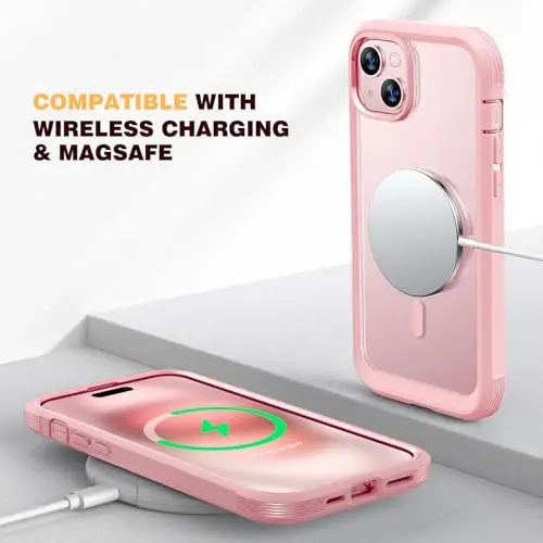 Diaclara Designed for iPhone 15 Plus Case 6.7'', [Compatible with MagSafe] Full Body Rugged Magnetic Case w/Built-in Sensitive Anti-Scratch Screen Protector+Glass Camera Lens Protector,Coral Pink - 3