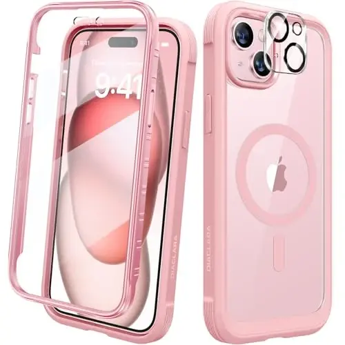 Diaclara Designed for iPhone 15 Plus Case 6.7'', [Compatible with MagSafe] Full Body Rugged Magnetic Case w/Built-in Sensitive Anti-Scratch Screen Protector+Glass Camera Lens Protector,Coral Pink - 6