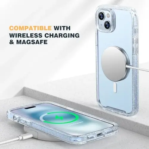 Diaclara Designed for iPhone 15 Plus Case 6.7'', [Compatible with MagSafe] Full Body Rugged Magnetic Case w/Built-in Sensitive Anti-Scratch Screen Protector+Glass Camera Lens Protector,Clear Glitter - 4
