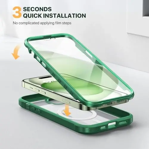 Diaclara Designed for iPhone 15 Plus Case 6.7'', [Compatible with MagSafe] Full Body Rugged Magnetic Case w/Built-in Screen Protector+Glass Camera Lens Protector,Mint Green 