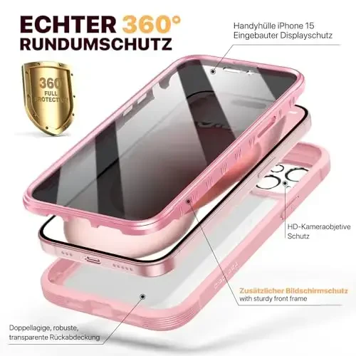 Diaclara iPhone 15 Plus uchun mo'ljallangan g'ilof 6.7 dyuym, iPhone 15 Plus uchun o'rnatilgan maxfiylik ekrani himoyachisi bilan to'liq korpusli mustahkam shaffof bamper g'ilof, pushti - 2