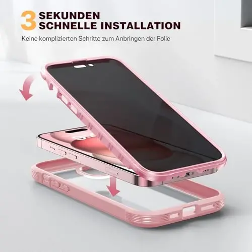 Diaclara iPhone 15 Plus uchun mo'ljallangan g'ilof 6.7 dyuym, iPhone 15 Plus uchun o'rnatilgan maxfiylik ekrani himoyachisi bilan to'liq korpusli mustahkam shaffof bamper g'ilof, pushti - 4