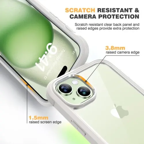 Diaclara iPhone 15 Plus uchun mo'ljallangan g'ilof 6.7 dyuym, o'rnatilgan sensorli tirnalishga qarshi ekran himoyachisi + shisha kamera linzalari himoyachisi bilan to'liq korpusli mustahkam g'ilof iPhone 15 Plus uchun, oq - 4
