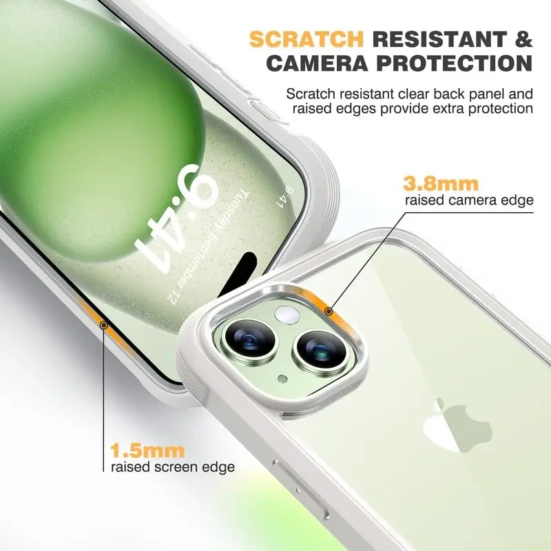 Diaclara iPhone 15 Plus uchun mo'ljallangan g'ilof 6.7 dyuym, o'rnatilgan sensorli tirnalishga qarshi ekran himoyachisi + shisha kamera linzalari himoyachisi bilan to'liq korpusli mustahkam g'ilof iPhone 15 Plus uchun, oq - 4