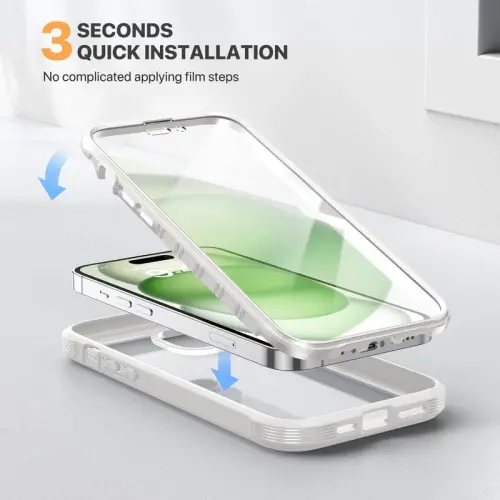 Diaclara iPhone 15 Plus uchun mo'ljallangan g'ilof 6.7 dyuym, o'rnatilgan sensorli tirnalishga qarshi ekran himoyachisi + shisha kamera linzalari himoyachisi bilan to'liq korpusli mustahkam g'ilof iPhone 15 Plus uchun, oq - 5