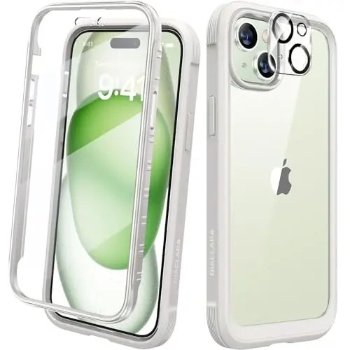 Diaclara iPhone 15 Plus uchun mo'ljallangan g'ilof 6.7 dyuym, o'rnatilgan sensorli tirnalishga qarshi ekran himoyachisi + shisha kamera linzalari himoyachisi bilan to'liq korpusli mustahkam g'ilof iPhone 15 Plus uchun, oq - 7