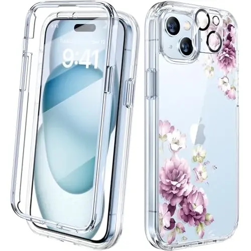 Diaclara iPhone 15 Plus uchun mo'ljallangan g'ilof 6.7 dyuym, o'rnatilgan sensorli tirnalishga qarshi ekran himoyachisi+9H temperlangan shisha kamera linzalari himoyachisi bilan to'liq korpusli mustahkam g'ilof (Shaffof gul) - 1