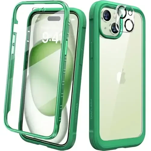 Diaclara iPhone 15 Plus uchun mo'ljallangan g'ilof 6.7 dyuym, to'liq korpusli shaffof bamper g'iloflari o'rnatilgan ekran himoyachisi, 360 himoya qattiq g'ilof + shisha kamera linzalari himoyachisi, yalpiz yashil 