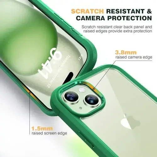 Diaclara iPhone 15 Plus uchun mo'ljallangan g'ilof 6.7 dyuym, to'liq korpusli shaffof bamper g'iloflari o'rnatilgan ekran himoyachisi, 360 himoya qattiq g'ilof + shisha kamera linzalari himoyachisi, yalpiz yashil - 5