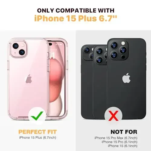 Diaclara iPhone 15 Plus uchun mo'ljallangan g'ilof 6.7 dyuym, to'liq tanani qoplaydigan mustahkam g'ilof, o'rnatilgan sensorli tirnalishga qarshi ekran himoyachisi + iPhone 15 Plus uchun shisha kamera linzalari himoyachisi, tiniq pushti - 7