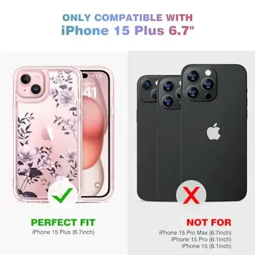 Diaclara iPhone 15 Plus uchun mo'ljallangan g'ilof 6.7 dyuymli tiniq gul dizayni, to'liq korpusli 360 g'ilof o'rnatilgan ekran himoyachisi+9H shisha kamera linzalari himoyachisi (tiniq gul) - 4