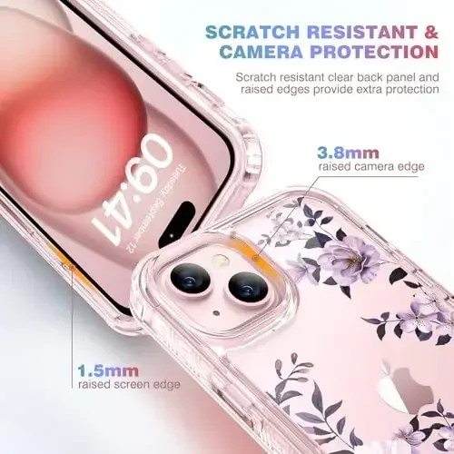 Diaclara iPhone 15 Plus uchun mo'ljallangan g'ilof 6.7 dyuymli tiniq gul dizayni, to'liq korpusli 360 g'ilof o'rnatilgan ekran himoyachisi+9H shisha kamera linzalari himoyachisi (tiniq gul) - 5
