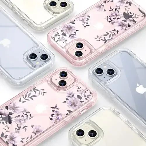 Diaclara iPhone 15 Plus uchun mo'ljallangan g'ilof 6.7 dyuymli tiniq gul dizayni, to'liq korpusli 360 g'ilof o'rnatilgan ekran himoyachisi+9H shisha kamera linzalari himoyachisi (tiniq gul) - 7