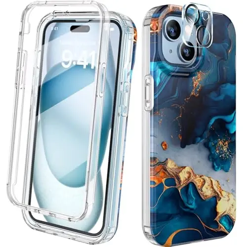 Diaclara iPhone 15 Plus uchun mo'ljallangan g'ilof 6.7'', ekran himoyachisi o'rnatilgan to'liq shaffof bamper g'ilof, 360 himoya qiluvchi mustahkam qopqoq+9H закалённое shisha kamera linzalari himoyachisi, qora 