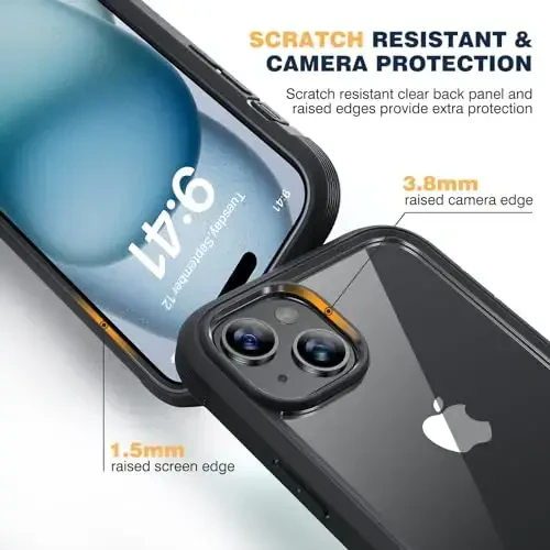 Diaclara iPhone 15 Plus uchun mo'ljallangan g'ilof 6.7'', ekran himoyachisi o'rnatilgan to'liq shaffof bamperli g'ilof, 360 himoya qiluvchi mustahkam qopqoq+9H закалённое стекло kamera linzalari himoyachisi, qora - 5