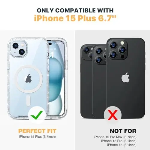 Diaclara iPhone 15 Plus uchun mo'ljallangan g'ilof 6.7'', [MagSafe bilan mos] To'liq himoyalangan magnitli g'ilof, o'rnatilgan tirnalishga qarshi ekran himoyachisi+shisha kamera linzalari himoyachisi, tiniq yaltiroq - 7