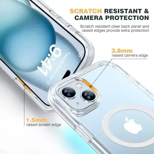 Diaclara iPhone 15 Plus uchun mo'ljallangan g'ilof 6.7'', [MagSafe bilan mos] To'liq korpusli mustahkam magnitli g'ilof, o'rnatilgan ekran himoyachisi + shisha kamera linzalari himoyachisi, tiniq-magnitli - 5
