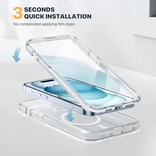 Diaclara iPhone 15 Plus uchun mo'ljallangan g'ilof 6.7'', [MagSafe bilan mos] To'liq korpusli mustahkam magnitli g'ilof, o'rnatilgan ekran himoyachisi + shisha kamera linzalari himoyachisi, tiniq-magnitli - 6
