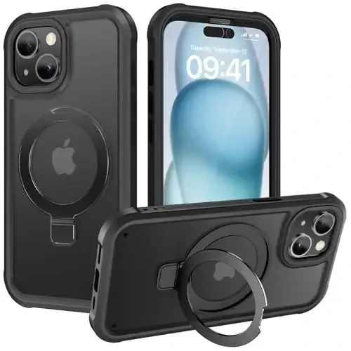 Diaclara iPhone 15 Plus uchun mo'ljallangan g'ilof 6.7'', zarbaga chidamli to'liq korpusli mustahkam g'ilof, o'rnatilgan ekran himoyachisi + halqali tayanch, qora - 1