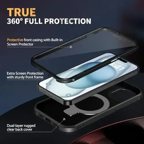 Diaclara iPhone 15 Plus uchun mo'ljallangan g'ilof 6.7'', zarbaga chidamli to'liq korpusli mustahkam g'ilof, o'rnatilgan ekran himoyachisi + halqali tayanch, qora - 3