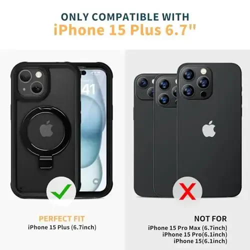 Diaclara iPhone 15 Plus uchun mo'ljallangan g'ilof 6.7'', zarbaga chidamli to'liq korpusli mustahkam g'ilof, o'rnatilgan ekran himoyachisi + halqali tayanch, qora - 7