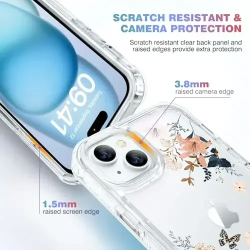 Diaclara iPhone 15 Plus uchun mo'ljallangan shaffof gul kapalakli telefon g'ilofi 6.7’’, to'liq korpusli mustahkam qopqoq, o'rnatilgan ekran himoyachisi + shisha kamera linzalari himoyachisi (Kapalak) - 5