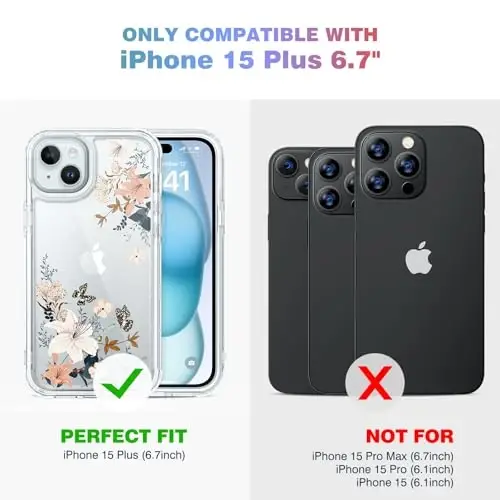 Diaclara iPhone 15 Plus uchun mo'ljallangan shaffof gul kapalakli telefon g'ilofi 6.7’’, to'liq korpusli mustahkam qopqoq, o'rnatilgan ekran himoyachisi + shisha kamera linzalari himoyachisi (Kapalak) - 4