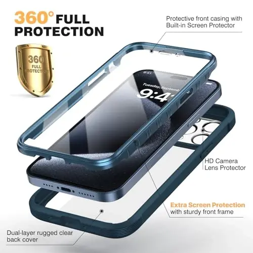 Diaclara Designed for iPhone 15 Pro Case, [Military-Grade Drop Proof] Full-Body Bump Case with Built-in Shockproof Screen Protector, [Camera Lens Protector] Cover for iPhone 15 Pro 6.1