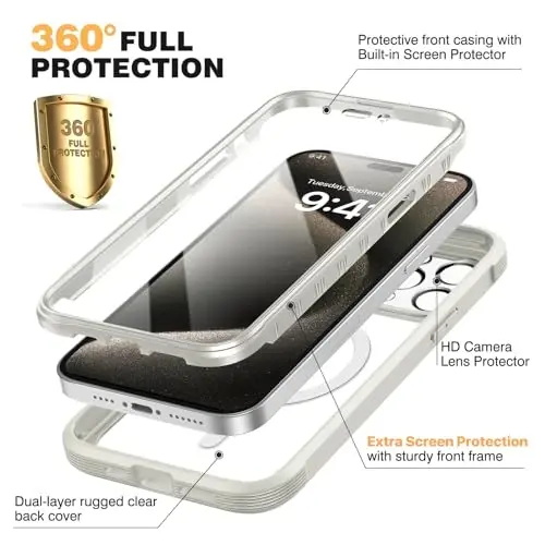 Diaclara Magnetic for iPhone 15 Pro Case, [Military-Grade Drop Proof & Fit for MagSafe] Built-in Shockproof Screen Protector, [Camera Lens Protector] Phone Cover for iPhone 15 Pro 6.1
