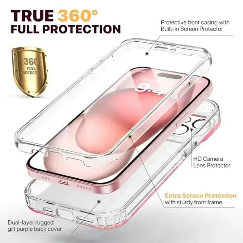 Diaclara iPhone 15 uchun mo'ljallangan g'ilof, o'rnatilgan sensorli ekranga qarshi himoya, kamera linzalari himoyasi bilan to'liq korpusli mustahkam g'ilof, iPhone 15 6.1