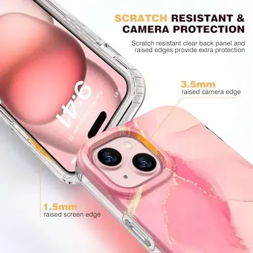 Diaclara iPhone 15 uchun mo'ljallangan g'ilof, o'rnatilgan sensorli ekranga qarshi himoya, kamera linzalari himoyasi bilan to'liq korpusli mustahkam g'ilof, iPhone 15 6.1