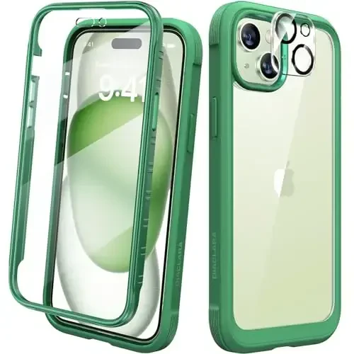 Diaclara iPhone 15 uchun mo'ljallangan g'ilof, to'liq himoya, o'rnatilgan sensorli ekran himoyachisi, kamera linzalari himoyachisi bilan iPhone 15 6.1