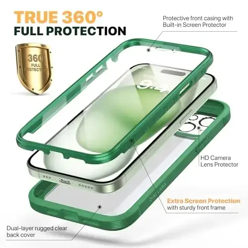 Diaclara iPhone 15 uchun mo'ljallangan g'ilof, to'liq himoya, o'rnatilgan sensorli ekran himoyachisi, kamera linzalari himoyachisi bilan iPhone 15 6.1