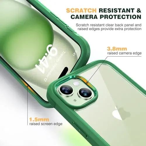 Diaclara iPhone 15 uchun mo'ljallangan g'ilof, to'liq himoya, o'rnatilgan sensorli ekran himoyachisi, kamera linzalari himoyachisi bilan iPhone 15 6.1
