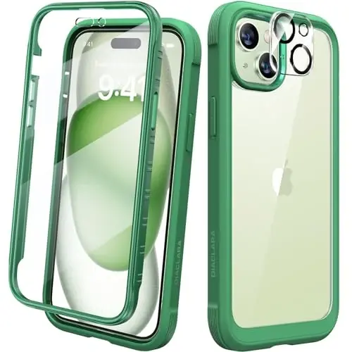Diaclara iPhone 15 uchun mo'ljallangan g'ilof, to'liq himoya, o'rnatilgan sensorli ekran himoyachisi, kamera linzalari himoyachisi bilan iPhone 15 6.1