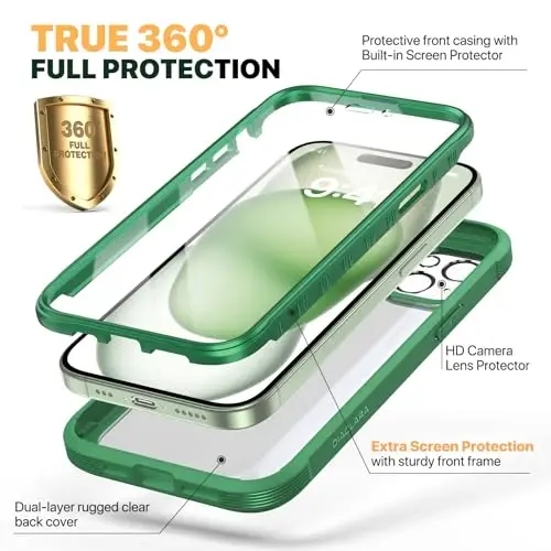 Diaclara iPhone 15 uchun mo'ljallangan g'ilof, to'liq himoya, o'rnatilgan sensorli ekran himoyachisi, kamera linzalari himoyachisi bilan iPhone 15 6.1