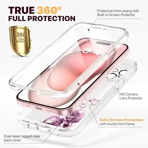 Diaclara iPhone 15 uchun mo'ljallangan g'ilof, to'liq himoyalangan g'ilof, o'rnatilgan sensorli tirnalishga qarshi ekran himoyachisi, iPhone 15 6.1