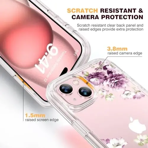 Diaclara iPhone 15 uchun mo'ljallangan g'ilof, to'liq himoyalangan g'ilof, o'rnatilgan sensorli tirnalishga qarshi ekran himoyachisi, iPhone 15 6.1