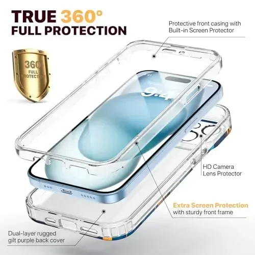 Diaclara iPhone 15 uchun mo'ljallangan g'ilof, to'liq korpusli mustahkam g'ilof, o'rnatilgan sensorli tirnalishga qarshi ekran himoyachisi, iPhone 15 6.1