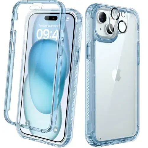 Diaclara iPhone 15 uchun mo'ljallangan g'ilof, to'liq korpusli mustahkam g'ilof, o'rnatilgan teginishga sezgir chizilishga qarshi ekran himoyachisi, iPhone 15 6.1